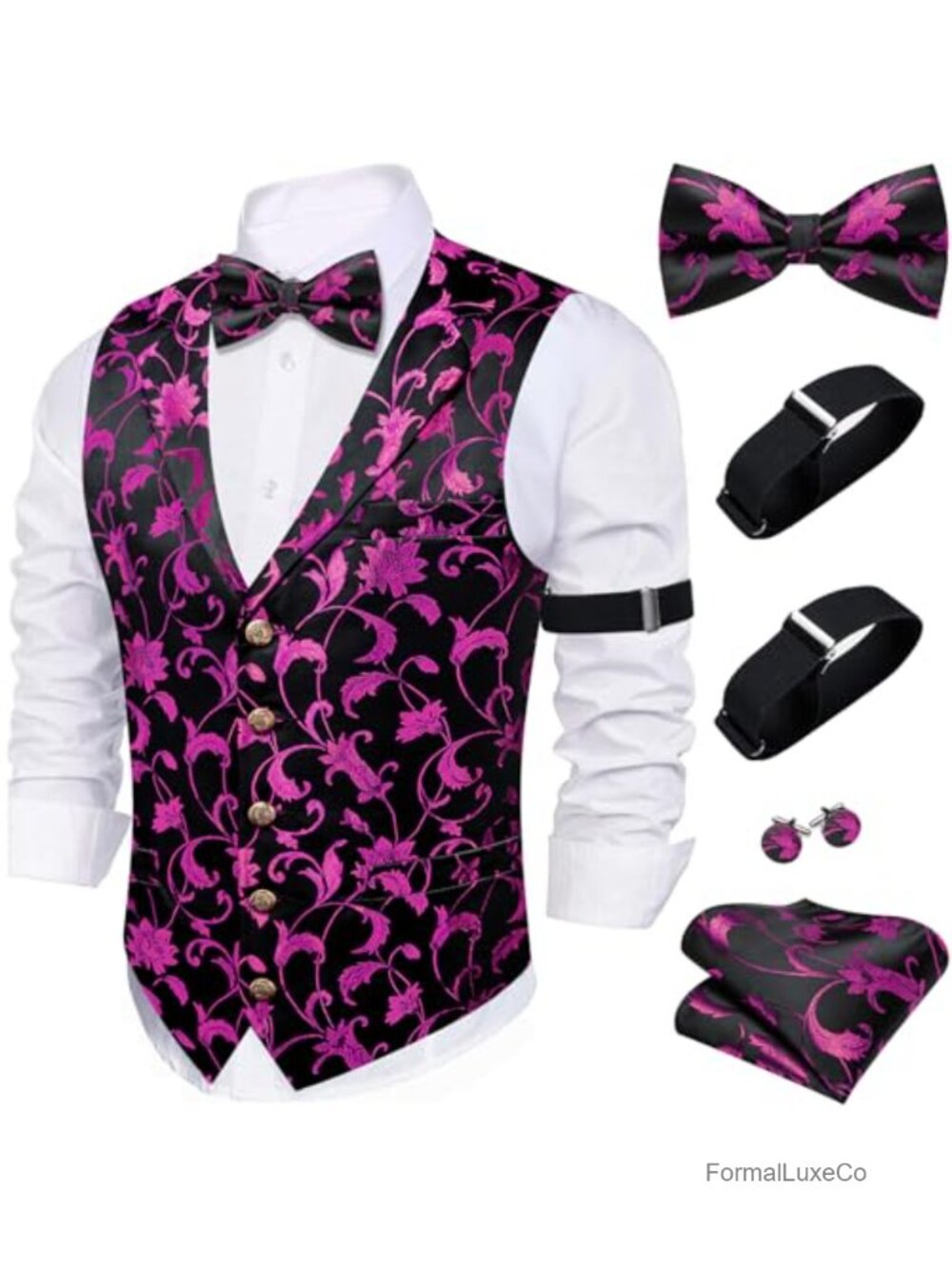 Mens 5PC Silk Vest Bowtie Cufflinks Set Formal Wedding Waistcoat